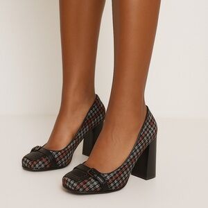 Levity Hayden Houndstooth Block Heel Pumps Size 7.5 | Plaid Buckle Round Toe